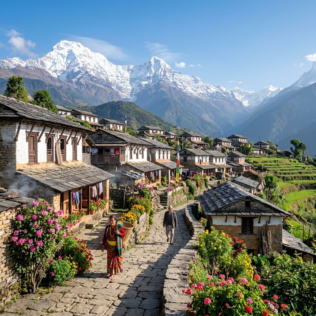 Fly to Pokhara, Drive to Ghandruk (1940m) and Trek to Tadapani (2630m)